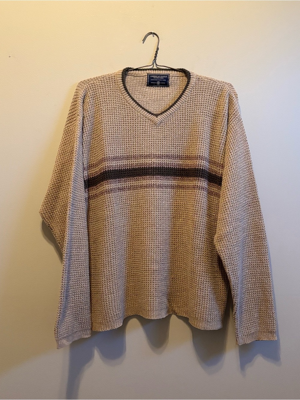 VTG 90s American Eagle Outfitters Beige V-Neck Sweater with Brown Chest Stripe